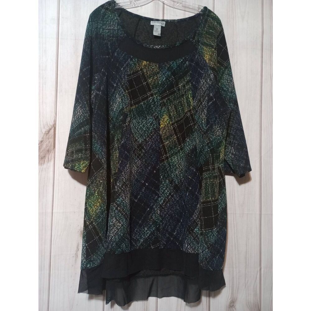 Catherines Womens 2X Plus Blue Green Plaid Patchwork‎ Mesh Trim Tunic Top Blouse